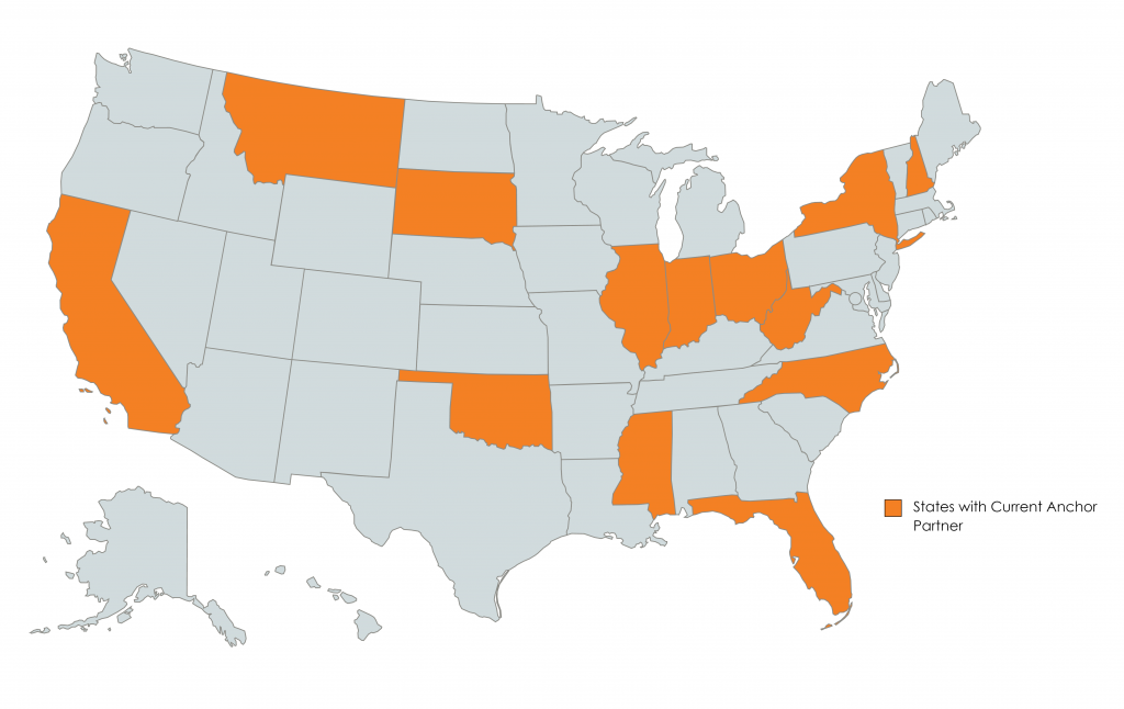 Map of the United States with current Anchor Partner locations highlighted in orange.